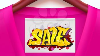 Sale ad banner with crimson shirt. Clothing with tag hanging on hangers. Graffiti style, urban art text. Stylish offer for your design of posters, print design. Horizontal 3D illustration.