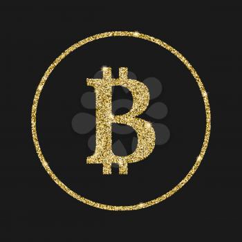 Bitcoin icon with glitter effect, isolated on black background. Outline icon of bitcoin, crypto-currency, vector pictogram. Symbol from golden particles dust.