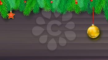 Christmas banner with fir branches and red berries on wooden backdrop. Festive atmosphere, 3D illustration. Template for New Year or Christmas greetings card, print design or posters.