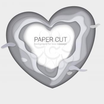 Gray paper-cut heart shape. Monochrome multi layers, carving of paper. Print template for cards with paper cut shapes, modern abstract design. 3D Illustration for background for your messages.