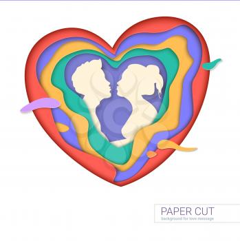 Template of greeting card with shape of kissing couple. Realistic multi layers, carving of paper. Print template for cards with paper-cut shapes of heart, modern abstract design. 3D Illustration.