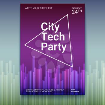 Vector template of banner, design layout for brochure, flyer. Poster design with abstract glow lines and triangle. Mock-up of City Techno Party event with text template, print design, A4 size