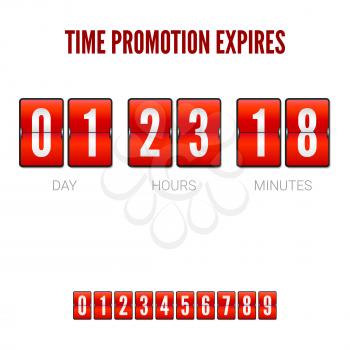 Promotions expires, analog flip clock timer. Template of flip countdown timer, clock counter. Red countdown clock isolated on white background. Set of numbers for timer, 3D illustration.