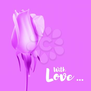 Realistic rose Bud with stem and leaves. Pink, monochrome postcard, close-up the flower Bud of the rose. The symbol of romance and love, a template for a greeting card, 3D illustration.