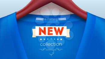 New collection tag on shirt. Blue jacket hanging on hangers. New delivery of the goods. Stylish advertisements for your design of posters, print design. Horizontal 3D illustration.