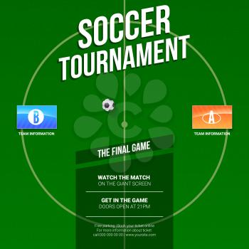 Soccer, football ad. Template for game tournament. Green soccer field, top view with flags of participating teams. Design of poster for Sports events. Ready for print design. 3D illustration.