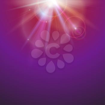 Abstract space background with beams on colored background. Bright light effect, sun rays and lens flare backdrop with copy space. Glow light effect, star burst with sparkles. Vector illustration