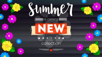 Summer new collection banner, background. Black wooden backdrop and of colored daisies flower. Template, mock-up online shopping, advertising and other design.