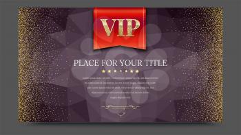 VIP or luxury red flag on dark polygonal background make from triangles with golden, shiny, glitter dust. Horizontal picture frame. Template for advertisement, VIP or luxury card, selling banner.