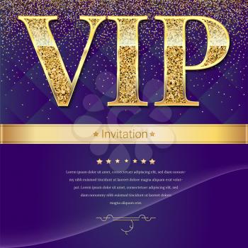 Golden symbol of exclusivity, the label VIP with glitter. Very important person - VIP invitation mock-up on elite, abstract quilted background, Template for vip banners, invitation or cover.