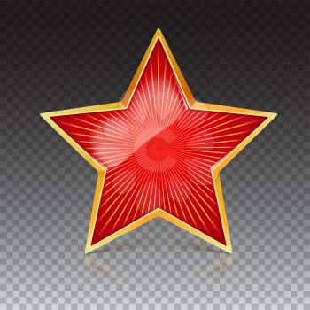 Red star with gold metal rim and radiating from the center rays. Realistic symbol of the USSR with reflexes and reflections. Soviet red star, isolated on trasparent background. Symbol of the holidays