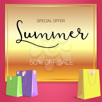 Summer sale ad, selling banner on gold background. Paper shopping bags with labels purchased items. Bright, noticeable selling banner ad. Advertising sign with lettering elements.