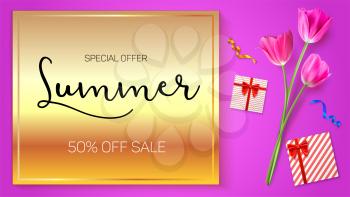 Summer sale advertisement poster on a gold background with flowers of tulips, boxes from gifts and purchases. 50 percent of discount. Shop now. Horizontal image in the proportions of HD videos.