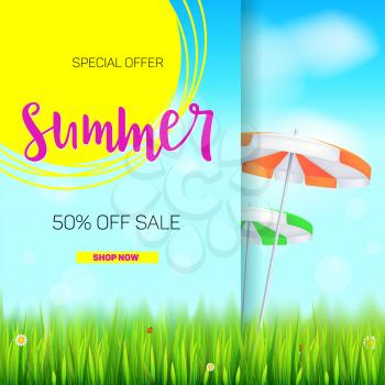 Summer sale banner. Stylish advertisement text poster on blue summer sky backdrop with clouds, sun umbrellas, grass, daisies and ladybugs. Template mock-up for online shopping, advertising actions.