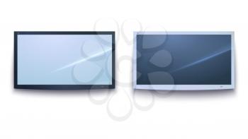 Set of Smart TV icons, dark and light TV screen, LED TV hanging, isolated on the white background. Horizontal billboards template with bend corners, 3D illustration. Widescreen monitor, template