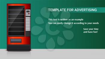 Vending machine for the sale of snacks, soda or foods. Detailed red machine for sales to a two-color background, 3D illustration. Template for advertising poster