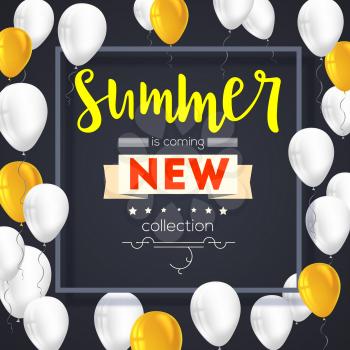 Summer new collection banner. Vintage style text poster with graphic elements and flying an inflatable, colorful, balloons. Template, mock-up online shopping, advertising actions, magazines and other.