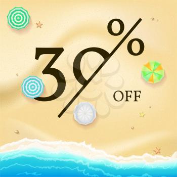 Selling ad banner, vintage text design. Summer vacation discounts, sale background of the sandy beach and the sea shore. Template for online shopping, advertising actions with percentage of discounts.