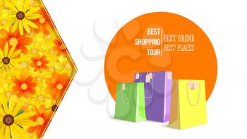 Best shopping tour, advertising banner with paper bags and label from new purchased items on bright summer backdrop. Template, mock-up with yellow field of flowers, chamomile flowers, camomile, daisy.
