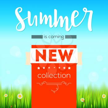 Summer new collection banner. Vintage style text poster with graphic elements, blue summer sky, green, lush grass, daisies and ladybugs. Template, mock-up online shopping, advertising, magazines.