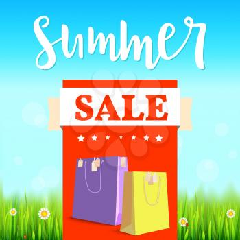 Summer sale banner. Vintage style text poster with graphic elements, blue summer sky, green, lush grass, daisies and ladybugs. Template, mock-up online shopping, advertising, magazines.