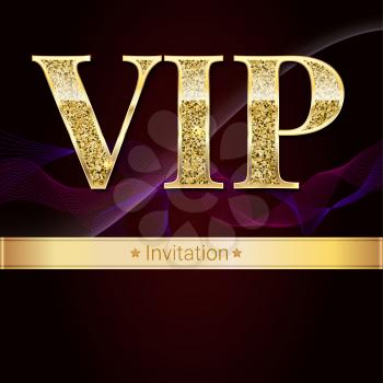 Golden symbol of exclusivity, the label VIP with glitter. Very important person - VIP invitation on elite, abstract a wave of smoke background, luxury card. Template for vip banners, invitation, cover