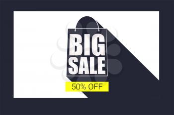 Big sale shopping bag silhouette with long shadow. Selling banner, discount fifty percent on a yellow button backdrop. Simple and clear advertising banner. Horizontal black background.