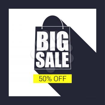Big sale shopping bag silhouette with long shadow. Selling banner, discount fifty percent on a yellow button backdrop. Simple and clear advertising banner. Horizontal black background.