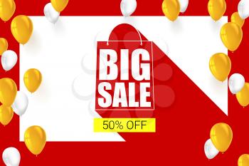 Big sale shopping bag silhouette with long shadow. Selling banner, discount fifty percent on a yellow button backdrop with white and yellow flying inflatable balloons. Horizontal red background.