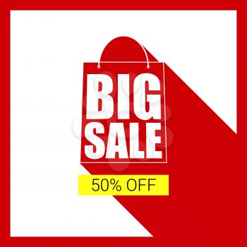Big sale shopping bag silhouette with long shadow. Selling banner, discount fifty percent on a yellow button backdrop. Simple and clear advertising banner. Horizontal red background.