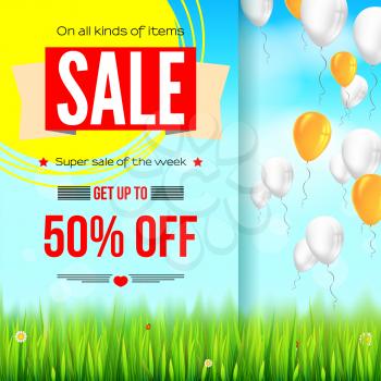 Summer selling ad banner, vintage text design. Fifty percent discounts, sale background with yellow sun, green field, white clouds and blue sky. Template for shopping, advertising.
