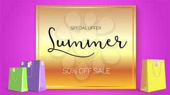 Summer sale ad, selling banner on gold background. Paper shopping bags with labels purchased items. Bright, noticeable selling banner ad. Advertising sign with lettering elements.