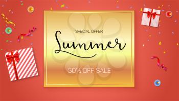 Summer sale ad, selling banner on gold background. Top view. Gift box with red ribbon and bow, burning, lighted candle, with serpentine and confetti on hot orange background.