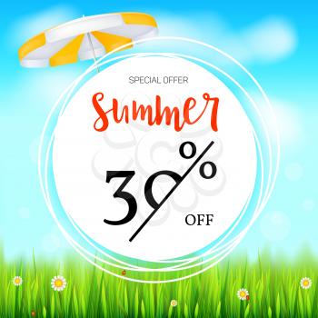 Summer selling ad banner. Thirty percent holiday discounts. Big yellow sun, green field, white clouds and blue sky. Template for shopping, advertising signboard, price reduction poster or banner.