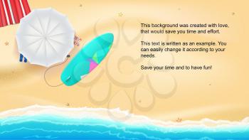 Summer sand of beach on the seashore. Umbrella, Mat, beach slippers and surfboard near the waves of sea. Horizontal summer background. Template for online shopping, advertising actions, magazines.