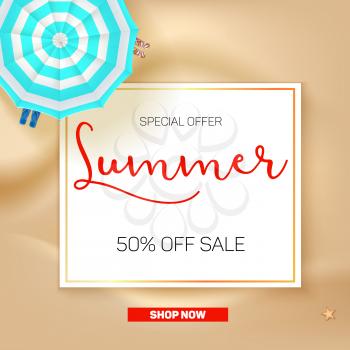Selling ad banner, vintage text design. Summer vacation discounts, sale background of the sandy beach and the sea shore. Template for online shopping, advertising actions with percentage of discounts.