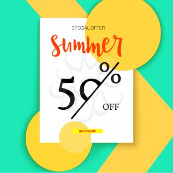 Summer selling ad banner, vintage text design. Summer fifty percent discount. Holiday discounts, sale background on a color graphic backdrop. Template for shopping, advertising, banner, billboard.