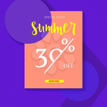 Summer selling ad banner, vintage text design. Summer discount of thirty percent. Holiday discounts, sale background on a color graphic backdrop. Template for shopping, advertising, banner, billboard.
