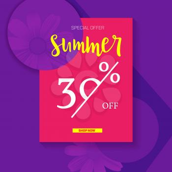 Summer selling ad banner, vintage text design. Summer discount of thirty percent. Holiday discounts, sale background on a color graphic backdrop. Template for shopping, advertising, banner, billboard.