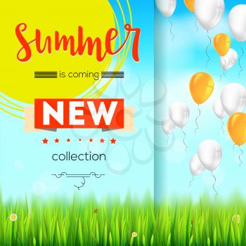 Summer new collection. Stylish advertisement text poster on blue summer sky backdrop with clouds, flying balloons, grass, daisies, ladybugs. Template mock-up for online shopping, advertising actions.