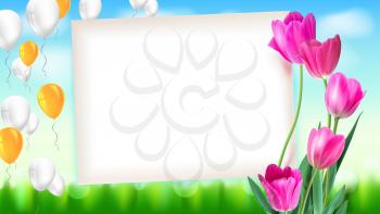 Greeting card with tulips around the sheet of paper with flying inflatable balloons. Realistic summer backdrop with green grass, festive composition. Template for your creativity, greeting card.