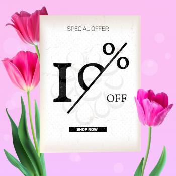 Selling ad banner, vintage text design. Holiday discounts, sale background with beautiful colorful tulips. Template, mock-up for online shopping, advertising actions with percentage of discounts.