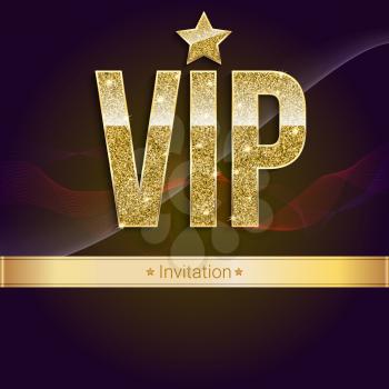 Golden symbol of exclusivity, the label VIP with glitter. Very important person - VIP invitation on elite, abstract a wave of smoke background, luxury card. Template for vip banners, invitation, cover