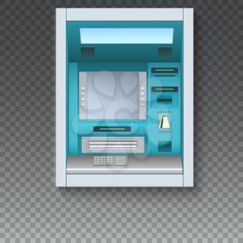 Bank Cash Machine. ATM - Automated teller machine with blank screen and carefully drawn details on transparent backdrop. Template for flyers, cover, presentation or poster.