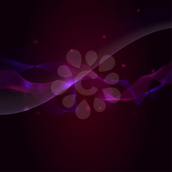 Abstract smooth wave, light and sparkle on dark red background. Vector special effects, curve flow smoke, a wave motion illustration. Template for vip banners, invitation or cover.