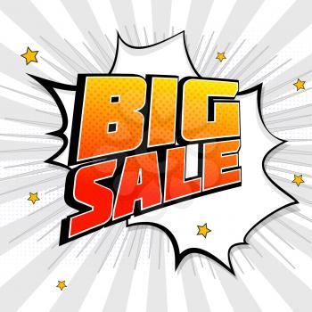 Big sale pop art splash background, explosion in comics book style. Advertising signboard, price reduction with halftone dots, cloud beams on transparent backdrop. Vector template for ad, or posters.