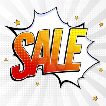 Sale pop art splash background, explosion in comics book style. Advertising signboard, price reduction, sale with halftone dots, cloud beams on white backdrop. Vector template for ad, covers, posters.