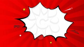 Pop art splash background, explosion in comics book style, blank layout template with halftone dots, clouds beams and isolated dots pattern on red backdrop. Vector template for ad, covers, posters.