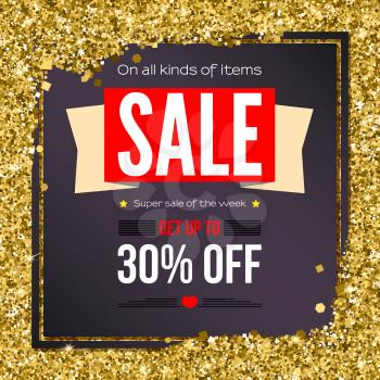 Sale vintage text banner. Ready to print and use in advertising of products and the best deals composition. Selling poster on a gold, glitter backdrop on dark frame with thirty percent discount.
