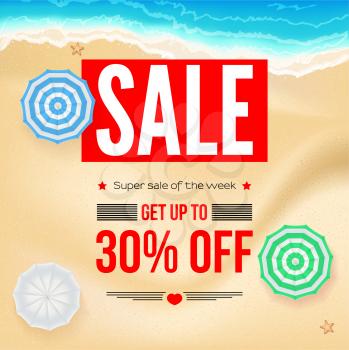 Selling ad banner, vintage text design. Thirty percent summer vacation discounts, sale background of the sandy beach and the sea shore. Template for online shopping, advertising actions.